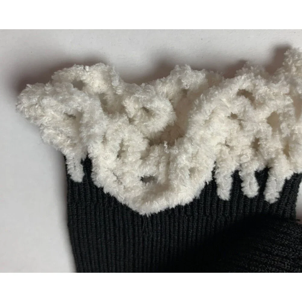 NWT Free Press Legwear Crew Socks Black W/Hand Knit White Chenille Boot Top